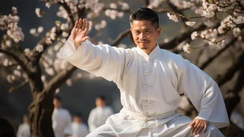 Asian Man in White Kung Fu Uniform - Serene Park Scene AI Image