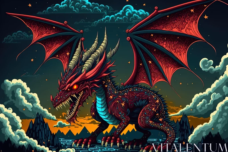 Captivating Red Dragon Illustration in Night Sky AI Image