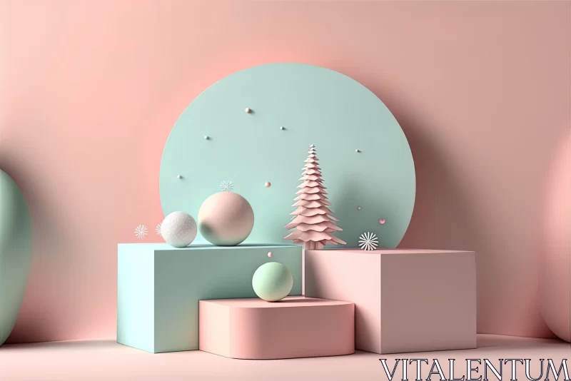Christmas 3D Objects: Minimalist Abstract Composition with Trees and Eggs AI Image
