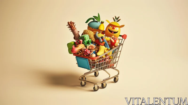 Colorful 3D Cartoon Image of a Shopping Cart Full of Groceries AI Image