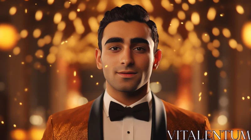 Confident Young Man in Tuxedo Under Golden Lights AI Image