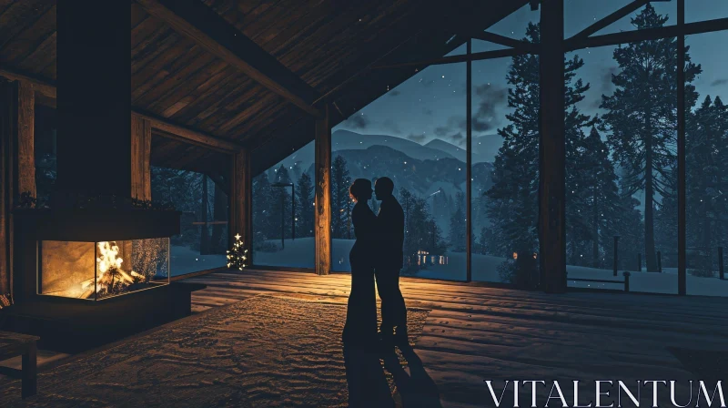 Cozy Christmas Cabin with Couple in Snowy Landscape AI Image