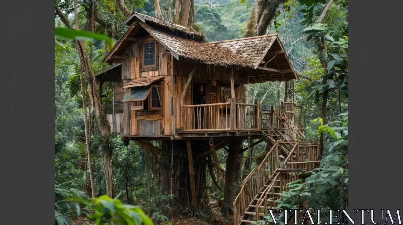 Enchanting Treehouse in a Lush Forest - Captivating Woodland Retreat AI Image