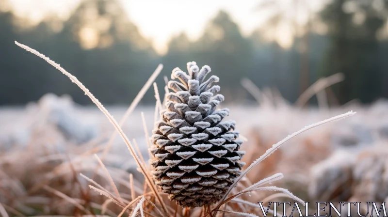 Frosty Pine Cone Close-up: Winter Nature Photography AI Image