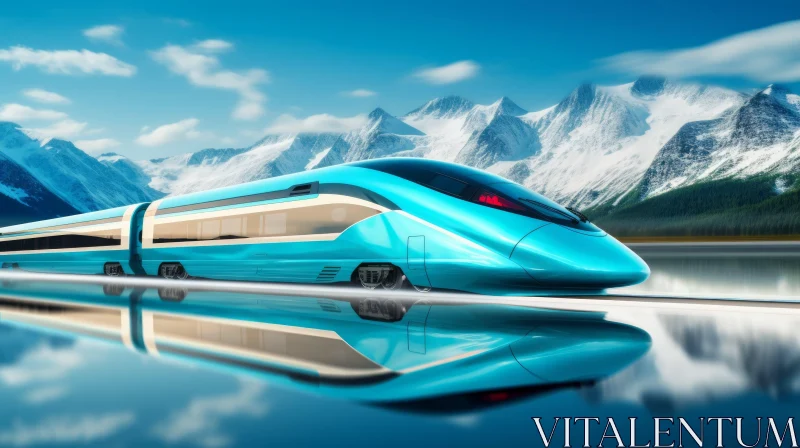 Futuristic Blue and White High-Speed Train in Snowy Landscape AI Image