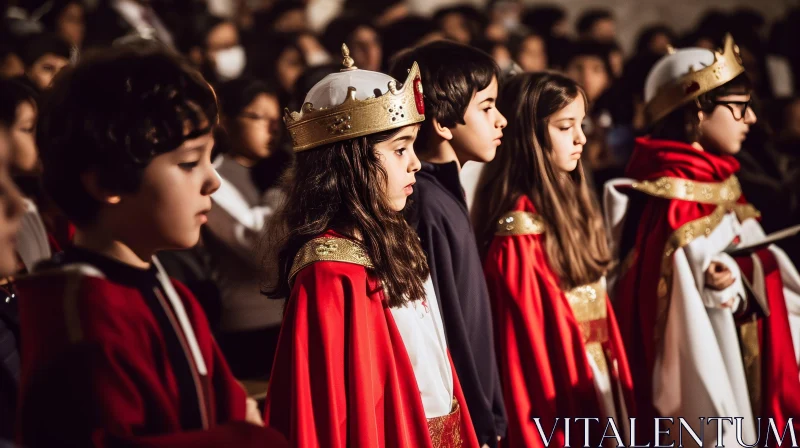 Group of Children in Red and White Costumes with Golden Crowns AI Image