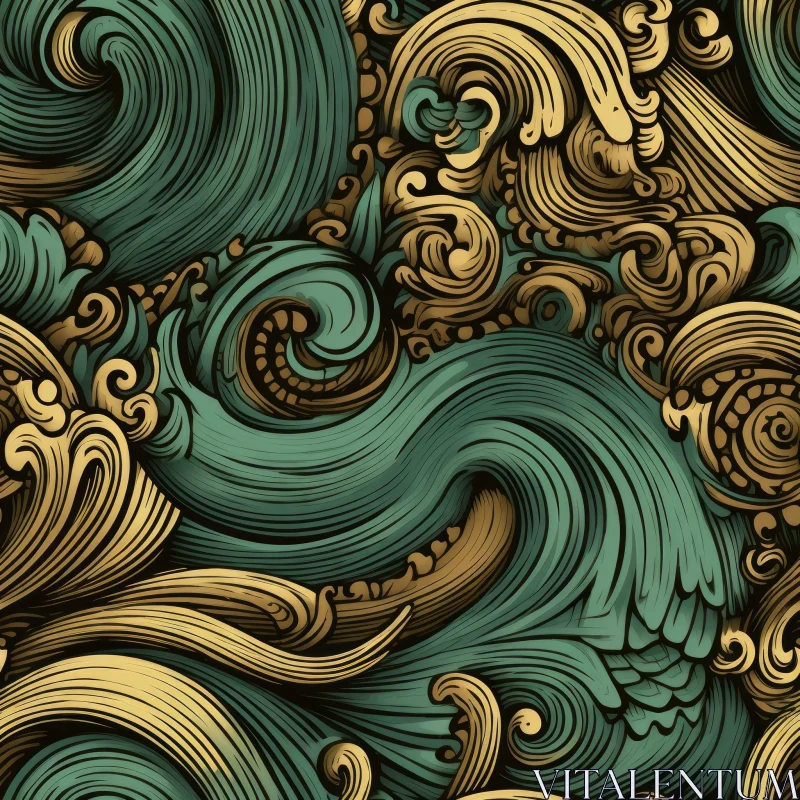 Luxurious Vintage Green and Gold Damask Seamless Pattern AI Image