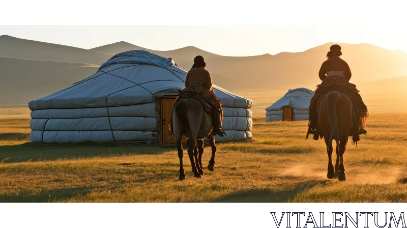 Mongolian Landscape: Horseback Riders Approaching Traditional Yurt AI Image