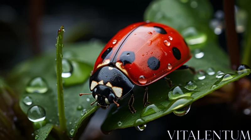 AI ART Red Ladybug on Green Leaf - Nature Macro Photography