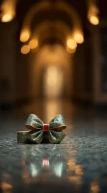 Shiny Green and Red Bow on Reflective Marble Floor