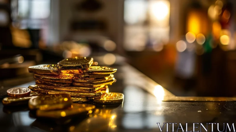 Stack of Gold Bars on Reflective Surface - Symbol of Wealth and Prosperity AI Image