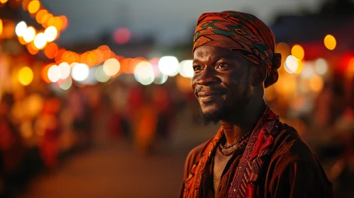 Vibrant Night Market Portrait: Young African Man in Traditional Attire