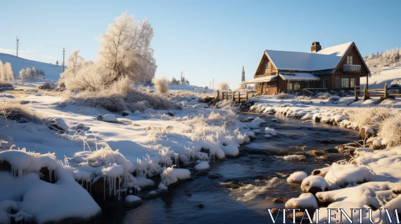 Winter Landscape: Snow-Covered Cabin by Flowing River AI Image