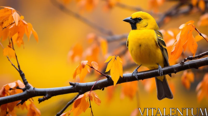 Yellow Bird on Branch with Orange Leaves in Fall AI Image