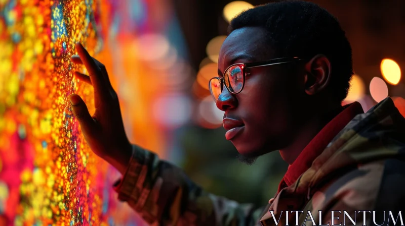 AI ART Young African-American Man Engaging with Colorful Digital Display