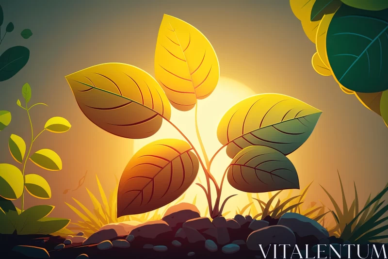 Cartoon Plants with Leaves at Sunset - Realistic Rendering AI Image