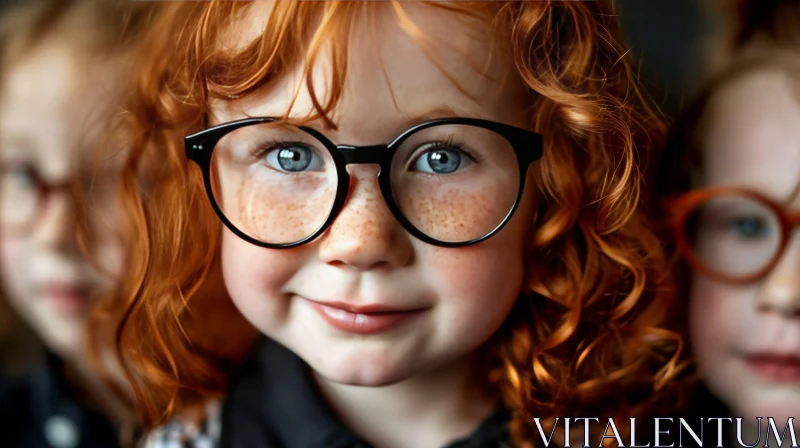 Close-up Portrait of a Cute Little Girl with Red Curly Hair and Freckles AI Image