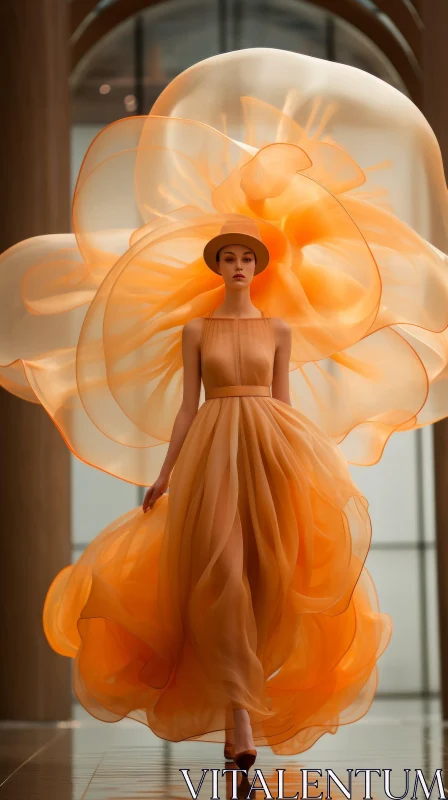 Elegant Model in Orange Dress and Hat on Marble Floor AI Image