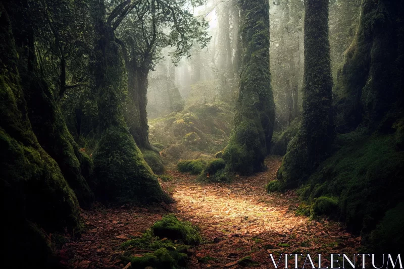 Enchanting Forest with Moss and Winding Path - Detailed Atmospheric Portrait AI Image