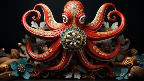 Enchanting Red Octopus with Golden Patterns in 3D