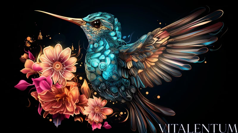 Exquisite Hummingbird Digital Painting with Vibrant Flowers AI Image