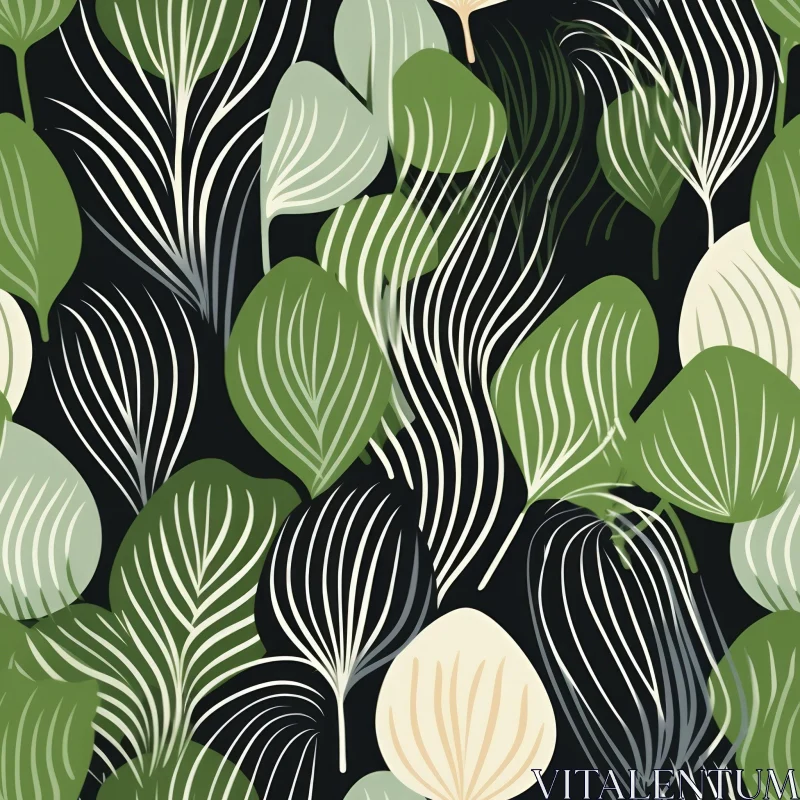 Green and White Leaves Seamless Pattern on Black Background AI Image