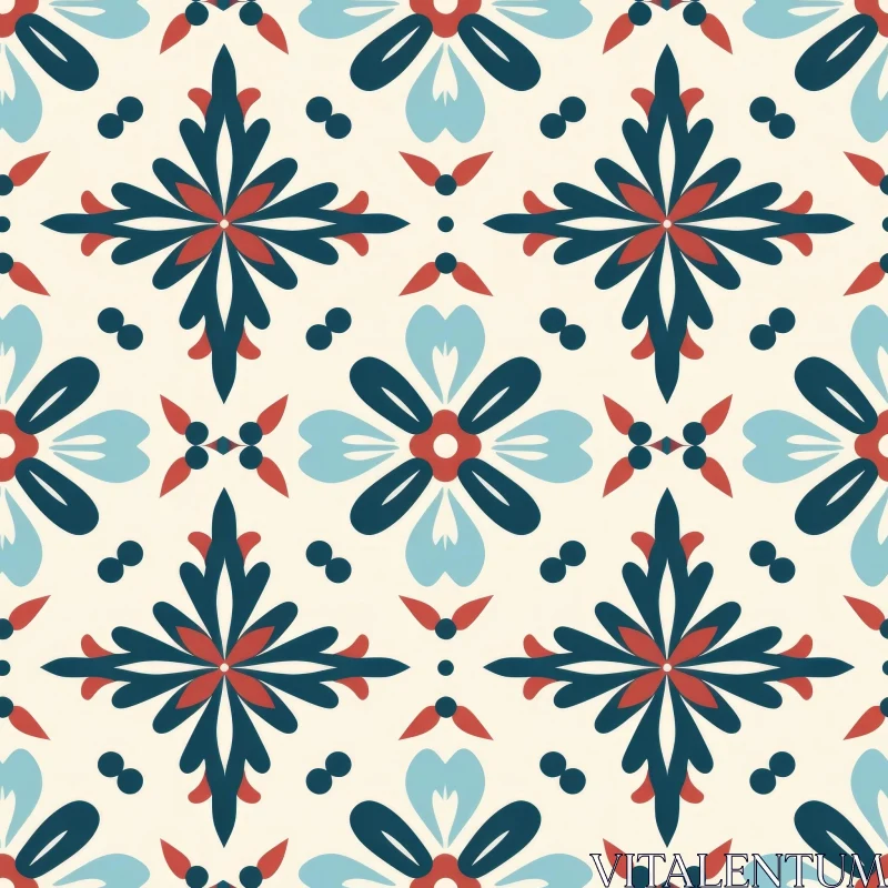 Intricate Blue and Red Floral Pattern on Beige Background AI Image