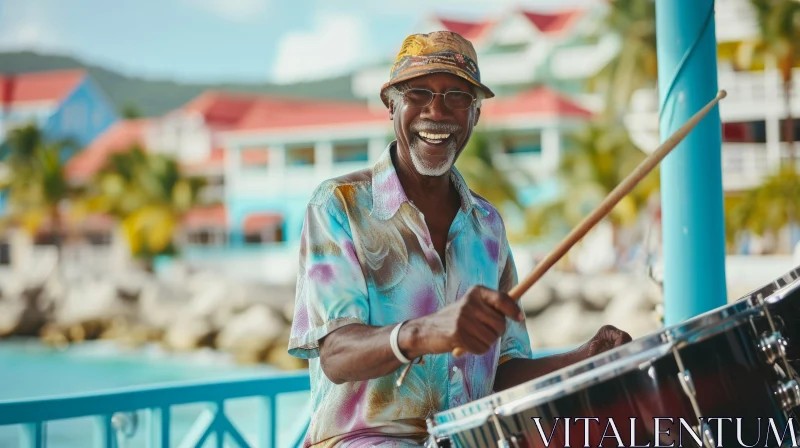 Joyful Senior Man Playing Drums with Vibrant Energy AI Image