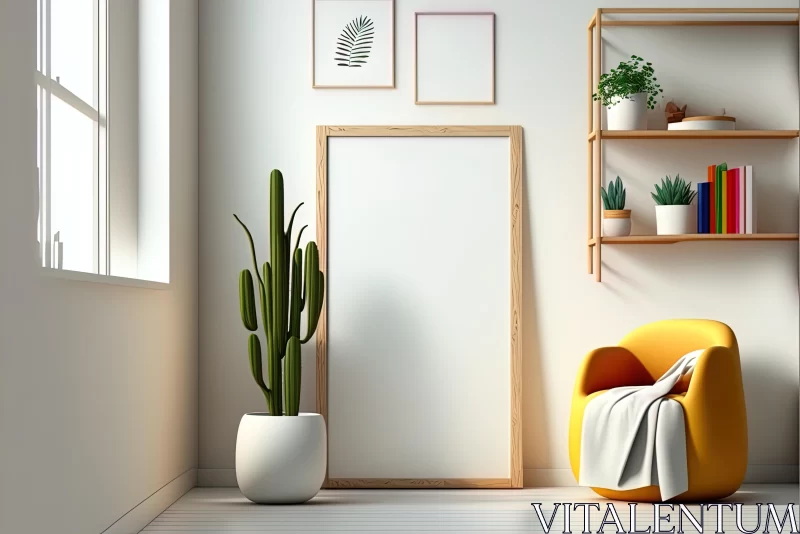 Minimalist 3D Rendering of a White Room with Cactus Wall Art AI Image