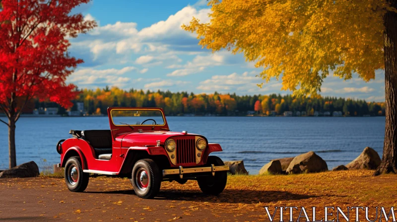 Old Red Jeep Parked by the Lake in Midautumn | Classic Elegance AI Image