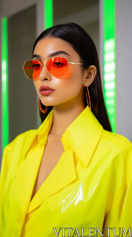 Stylish Woman in Yellow Raincoat on Neon Background AI Image