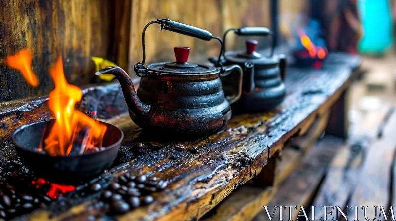 Antique Metal Teapots on Wooden Shelf with Burning Brazier AI Image