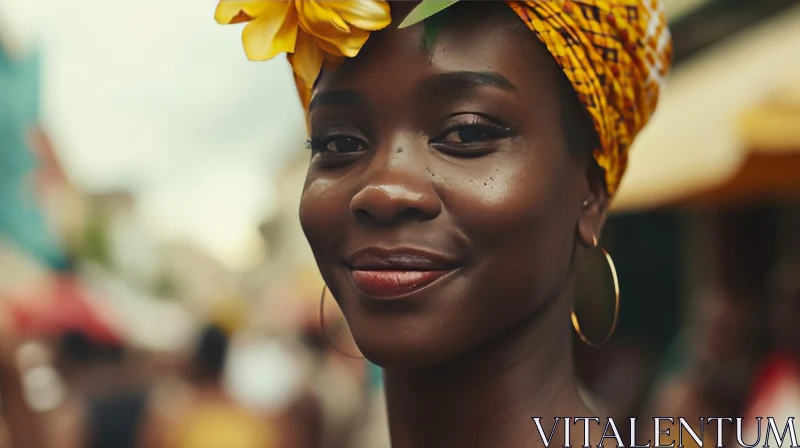 Beautiful African Woman with Yellow Flower in Hair AI Image