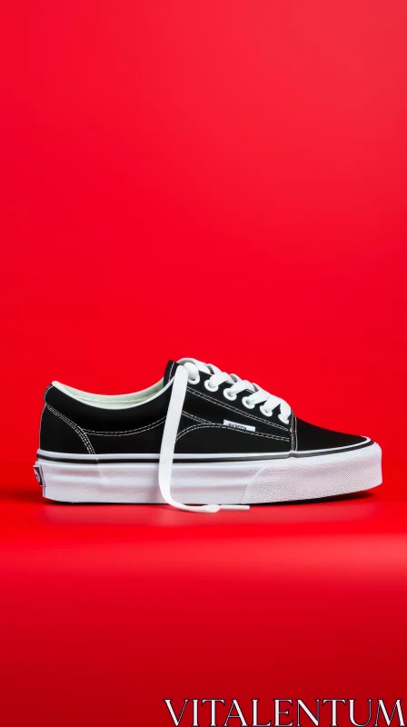 Black Sneaker with White Laces on Red Background AI Image