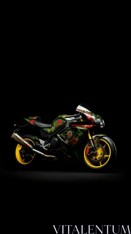 AI ART Captivating Camouflage: Green Motorcycle on Black Background