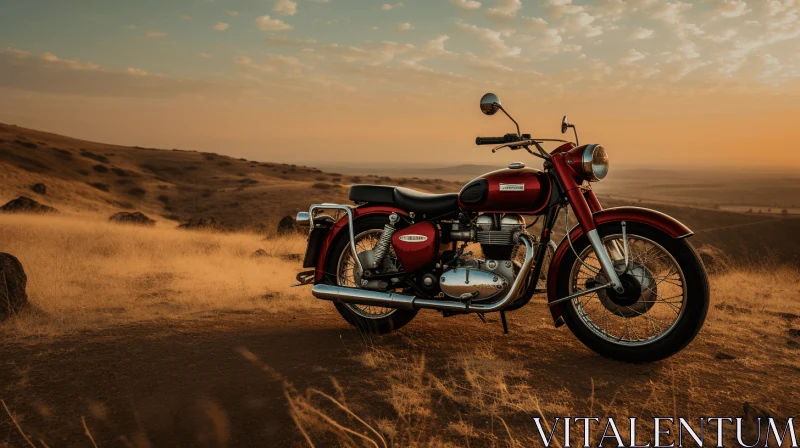 Captivating Red Motorcycle Parked in Serene Field AI Image