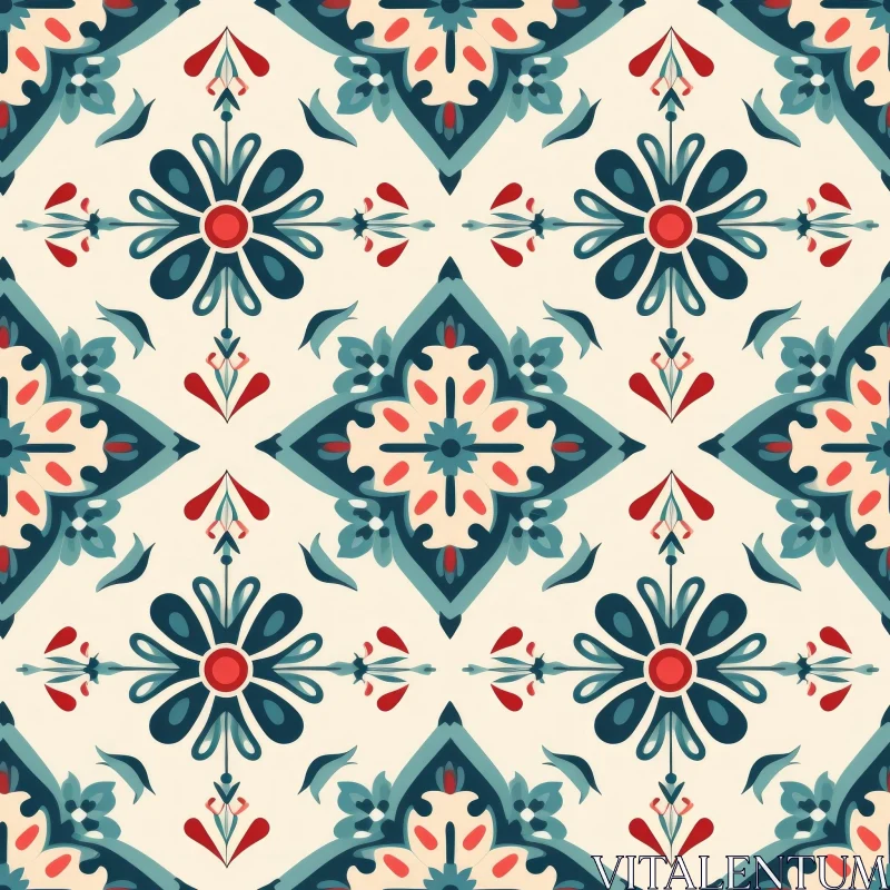 Floral Decorative Tiles Pattern in Blue and Red AI Image