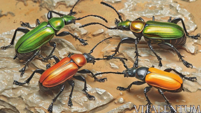 Four Beetles on Stone Surface - Colorful Insect Encounter AI Image