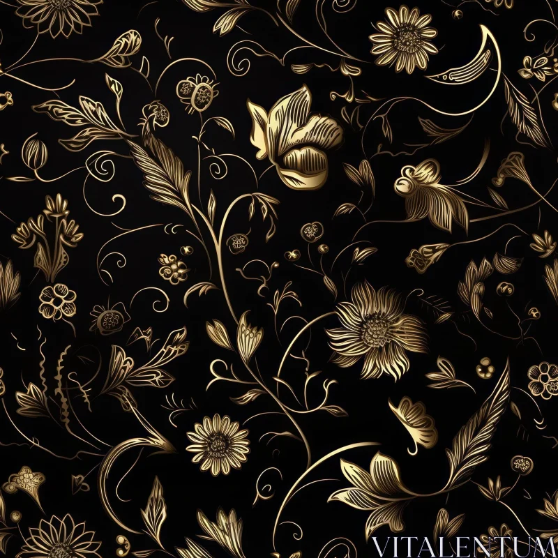 Intricate Golden Flowers Seamless Pattern on Black Background AI Image