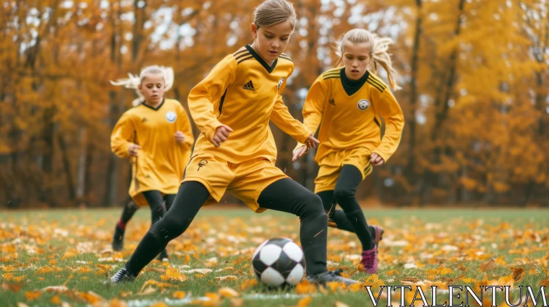 Playful Soccer: Three Young Girls Enjoying a Game on a Fall Field AI Image