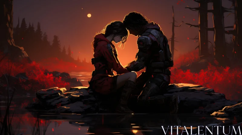 Post-apocalyptic Love: Man and Woman in Red Trees Landscape AI Image