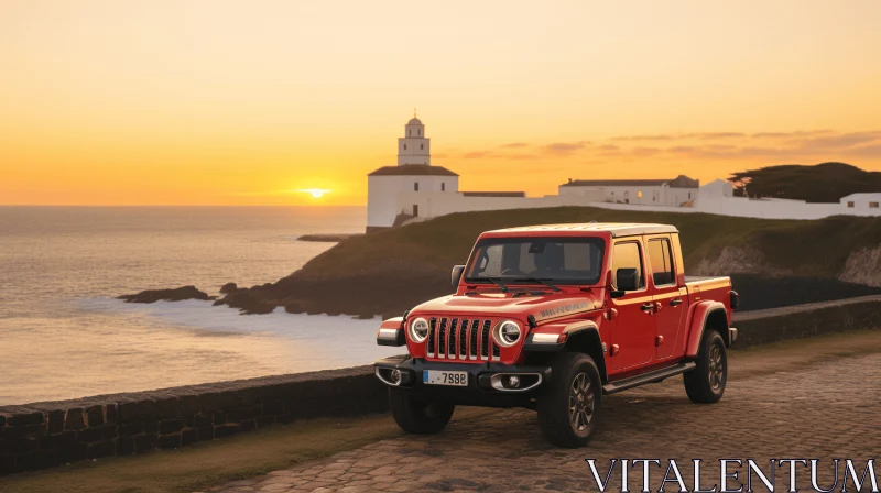 Red Car Parked Near Lighthouse | Atmospheric Suffolk Coast Views AI Image