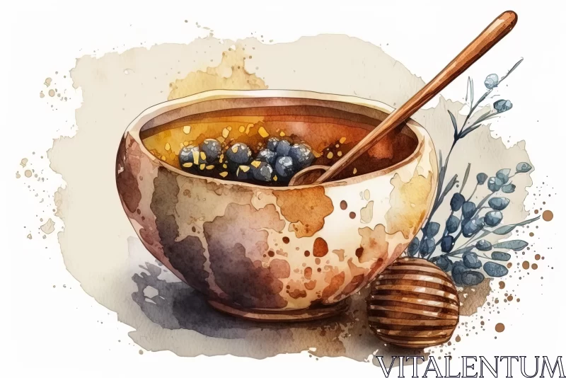 Surreal Watercolor Illustration: Honey and Blueberries AI Image