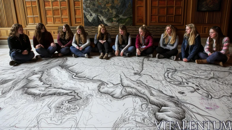Teenage Girls Exploring a Detailed Map of a River System in a Large Room AI Image