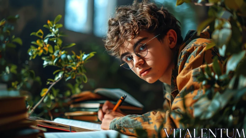 Thoughtful Teenage Boy in Glasses Doing Homework | Artistic Image AI Image