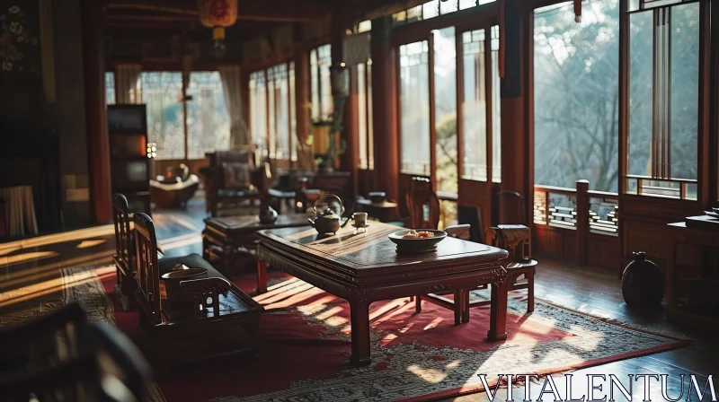 Tranquil Chinese Living Room with Antique Furniture AI Image