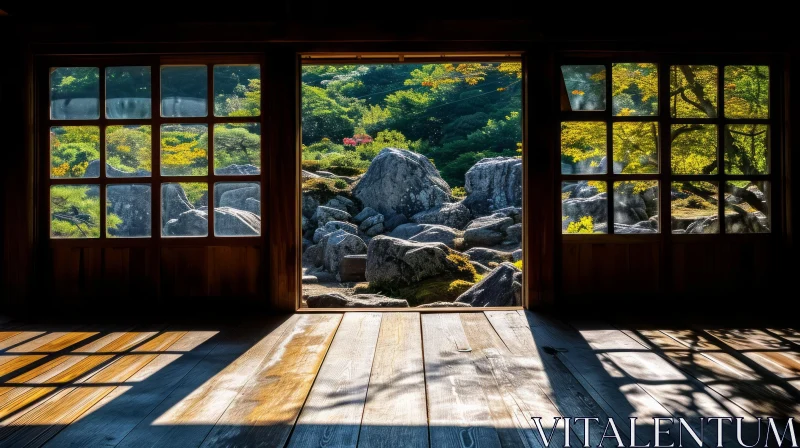 Tranquil Japanese Garden View from a Traditional House AI Image