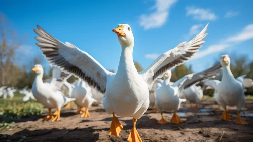 White Goose Walking in Field with Outstretched Wings