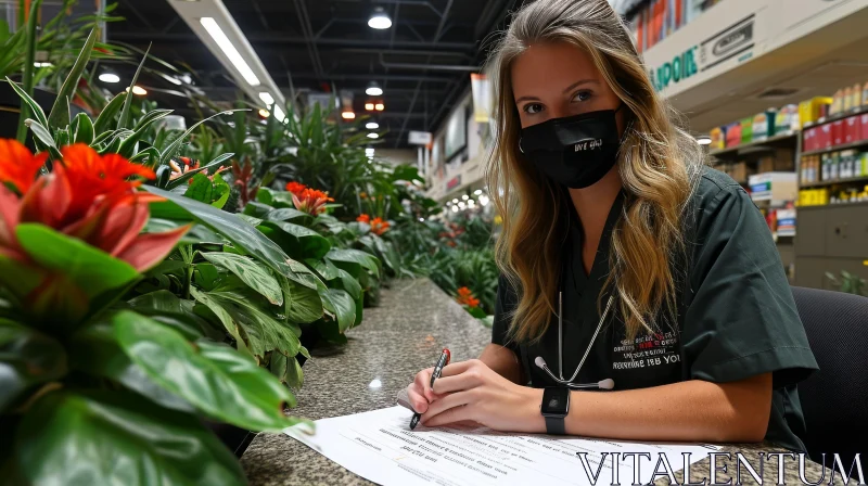 Young Woman in Green Medical Uniform at Garden Center AI Image