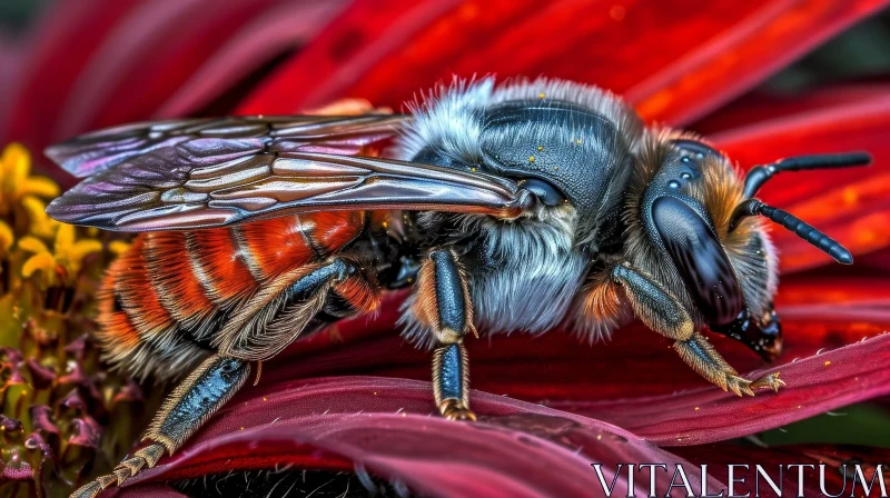 AI ART Bee on Red Flower: Pollination Close-up